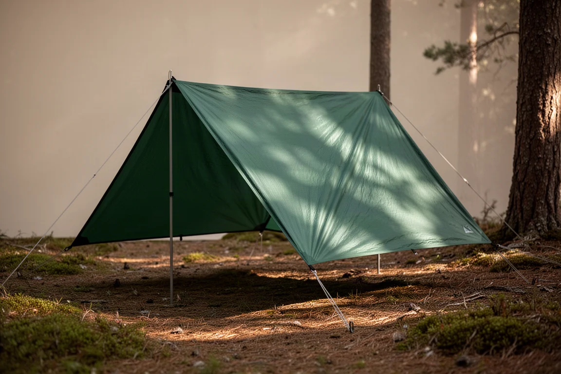 Green ultralight ripstop tarp pitched low over a mossy forest floor in afternoon light