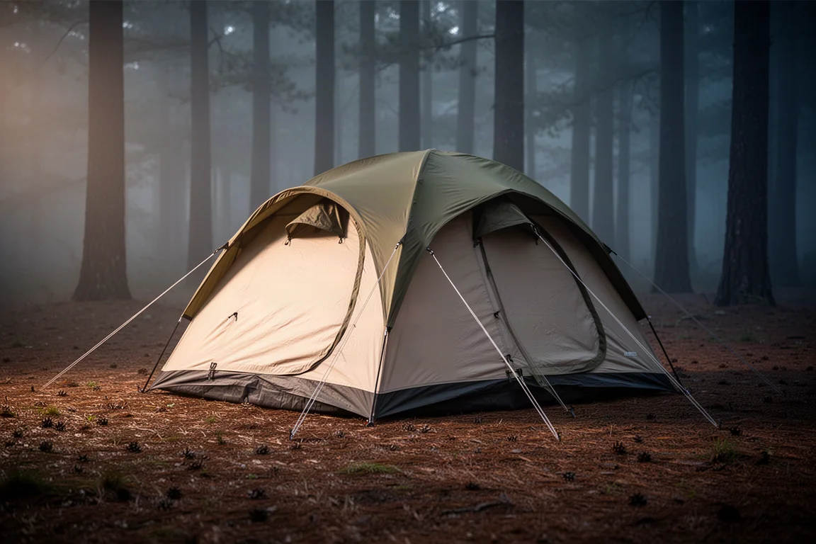 Two-person three-season tent pitched in a forest clearing at dusk