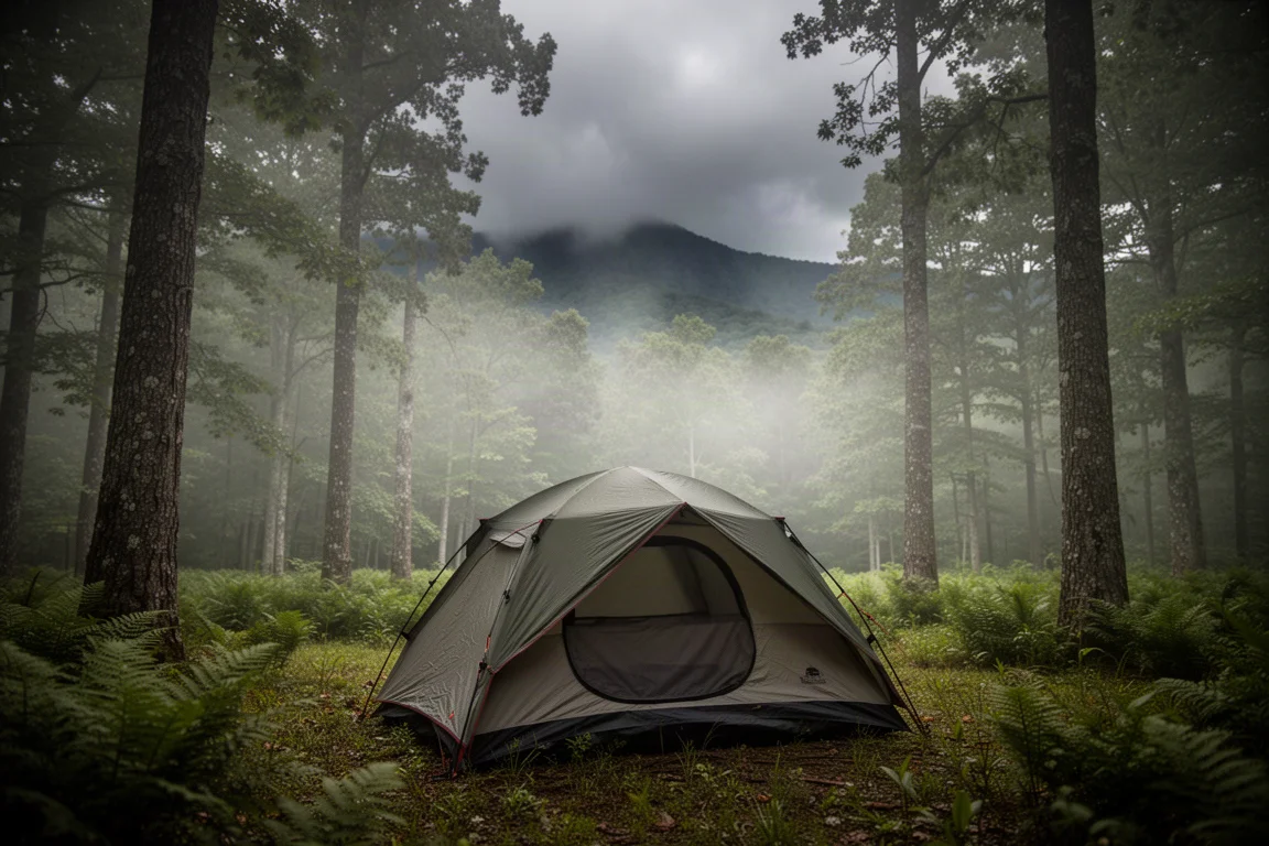 Two-person tent pitched in a humid forest clearing with storm clouds building