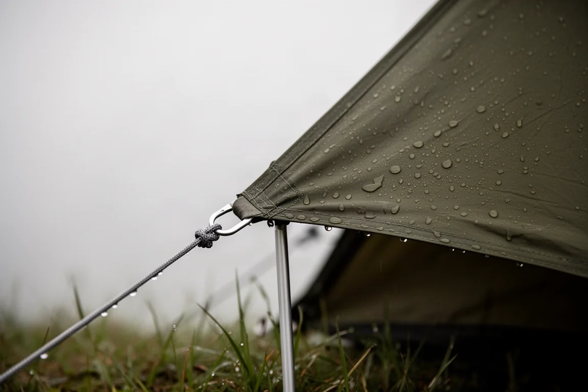 Rain beading on a taut tent fly secured to an aluminum pole clip