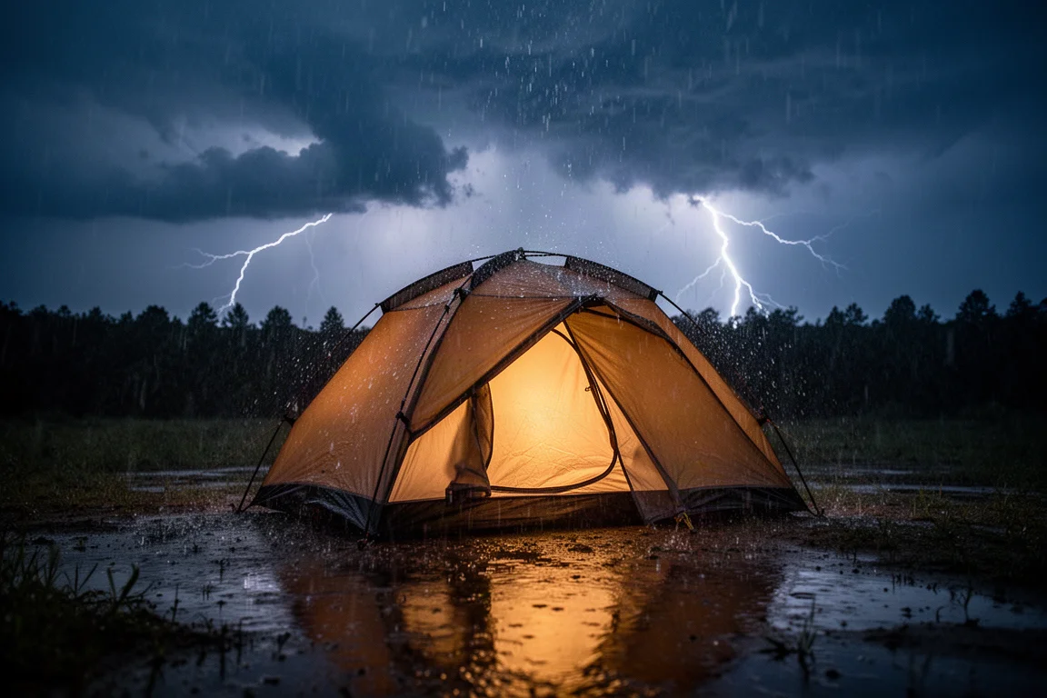 Tent lit from inside at night during heavy rain with lightning in the distance