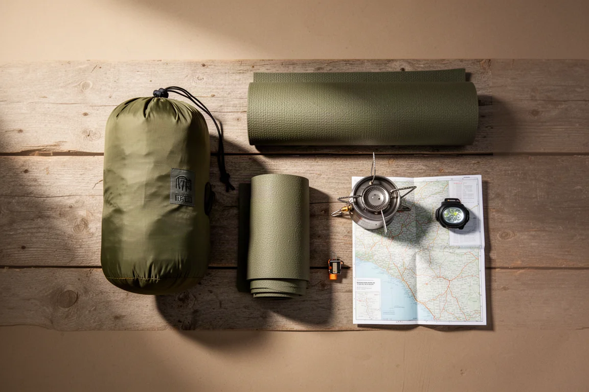 Flat-lay of a packed tent, sleeping mat, stove and map on wooden planks