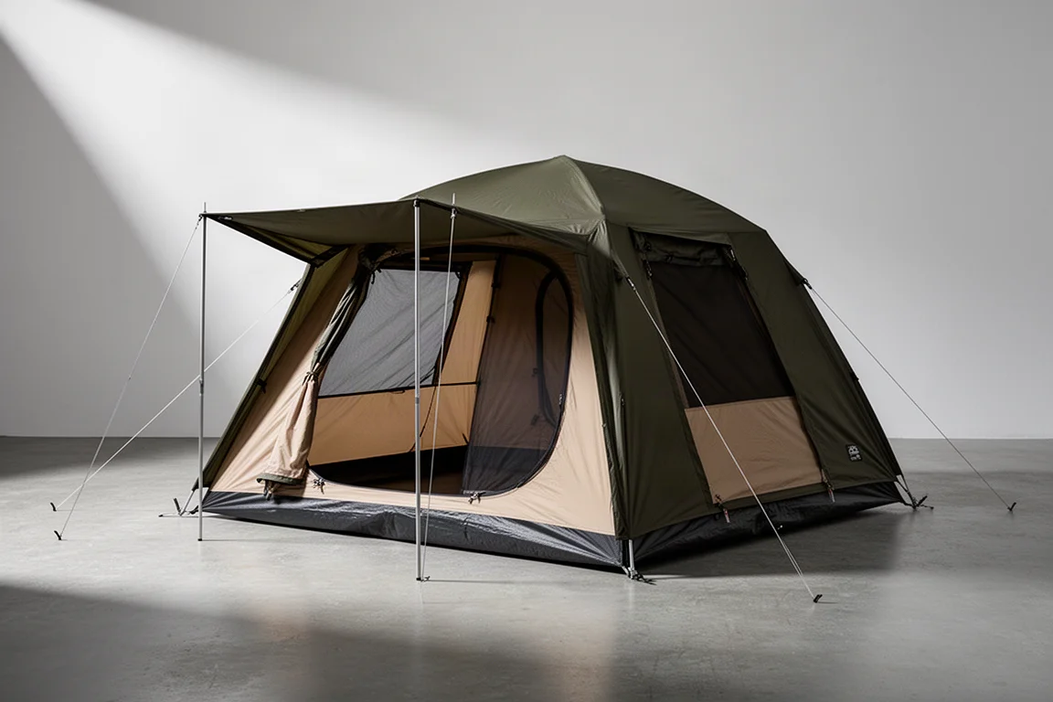 Two-person camping tent with both side panels open on a matte concrete surface