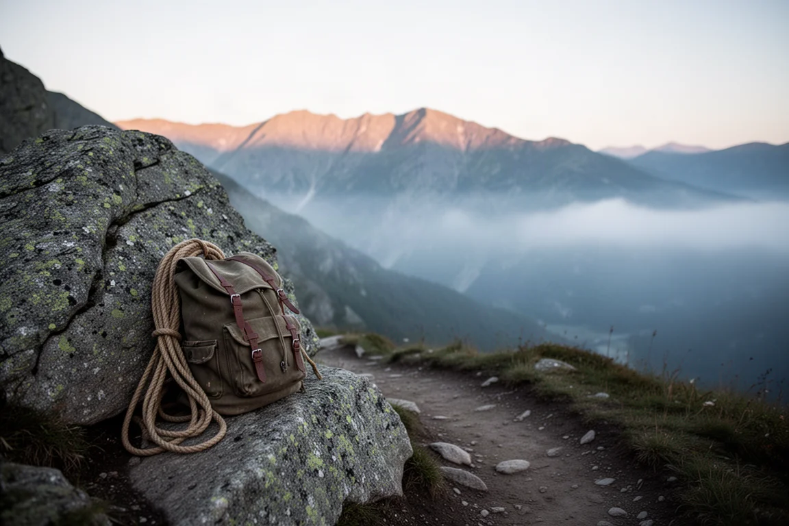 Canvas-Rucksack auf Granit neben einem Bergpfad im Morgengrauen mit Nebel im Tal