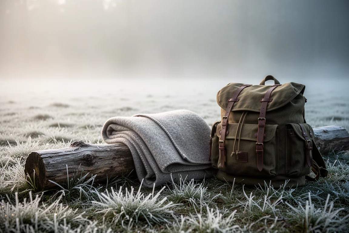 Raureif auf Gras neben einem Baumstamm mit zusammengefalteter Wollschicht und Canvas-Rucksack bei Sonnenaufgang