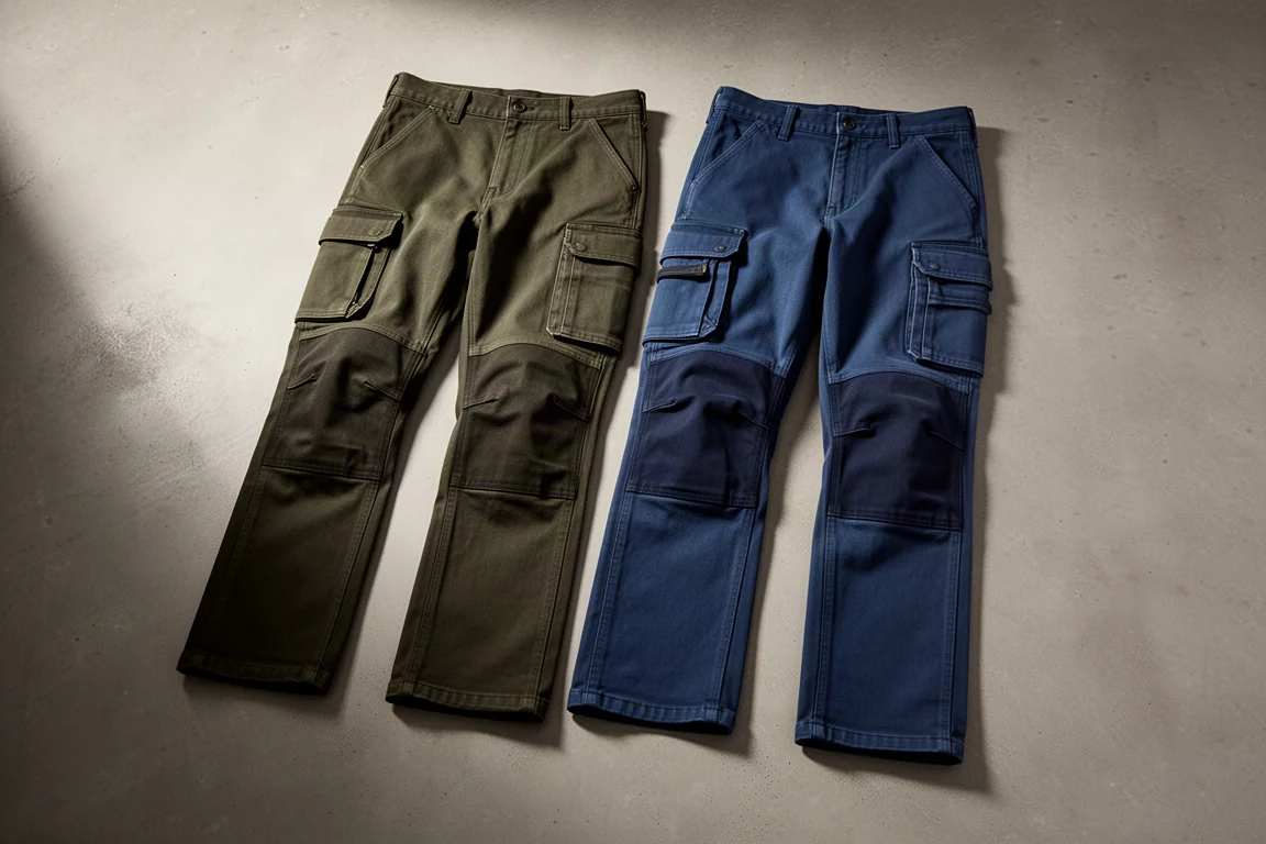 Two rugged outdoor trousers in olive and blue laid side by side on concrete