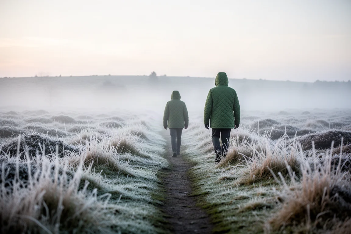 Met rijp bedekt heidepad bij zonsopkomst met mist en een wandelaar in de verte in een groene geïsoleerde jas