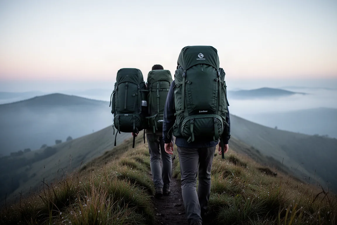 Trekkingrucksack mit voller Last auf einem nebligen Bergpfad im Morgengrauen