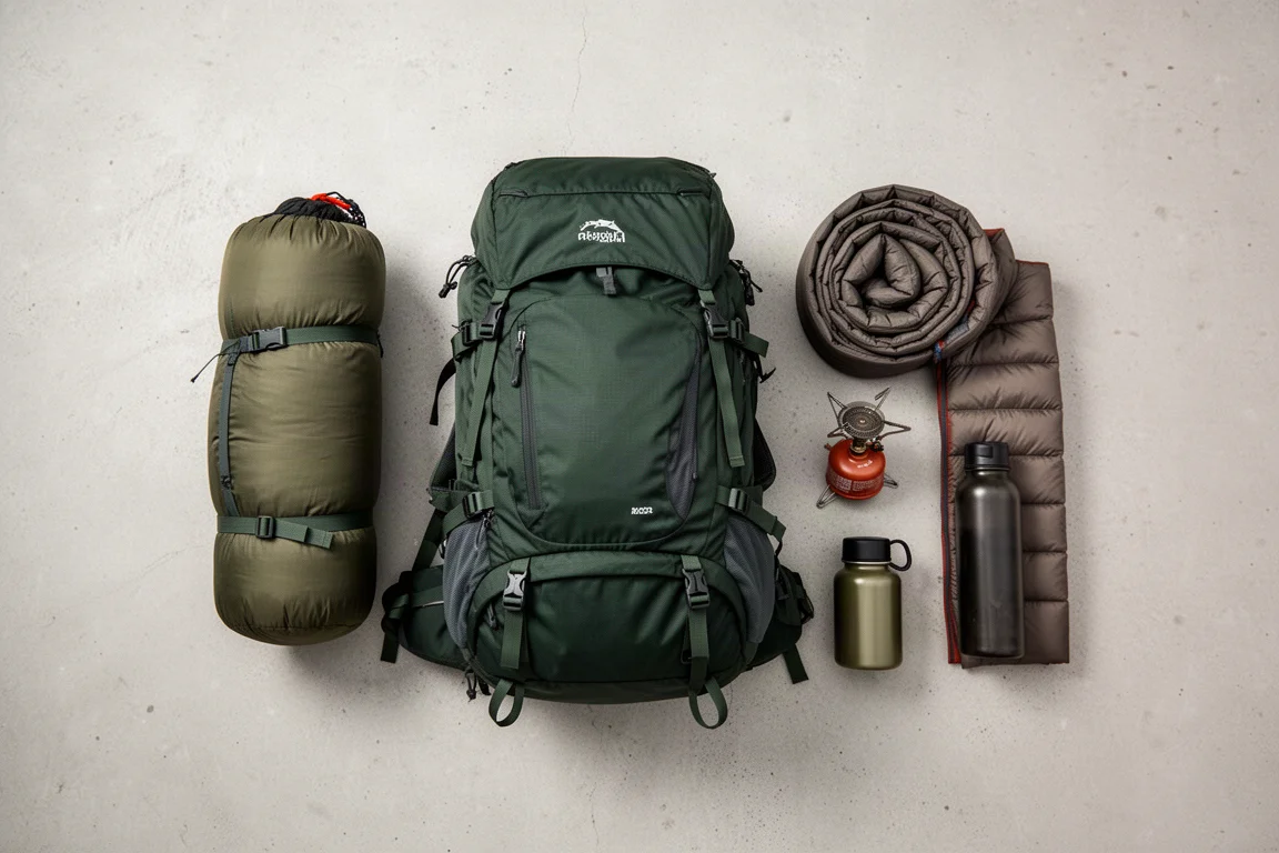 Draufsicht auf Trekkingausrüstung neben einem offenen Rucksack auf dem Boden