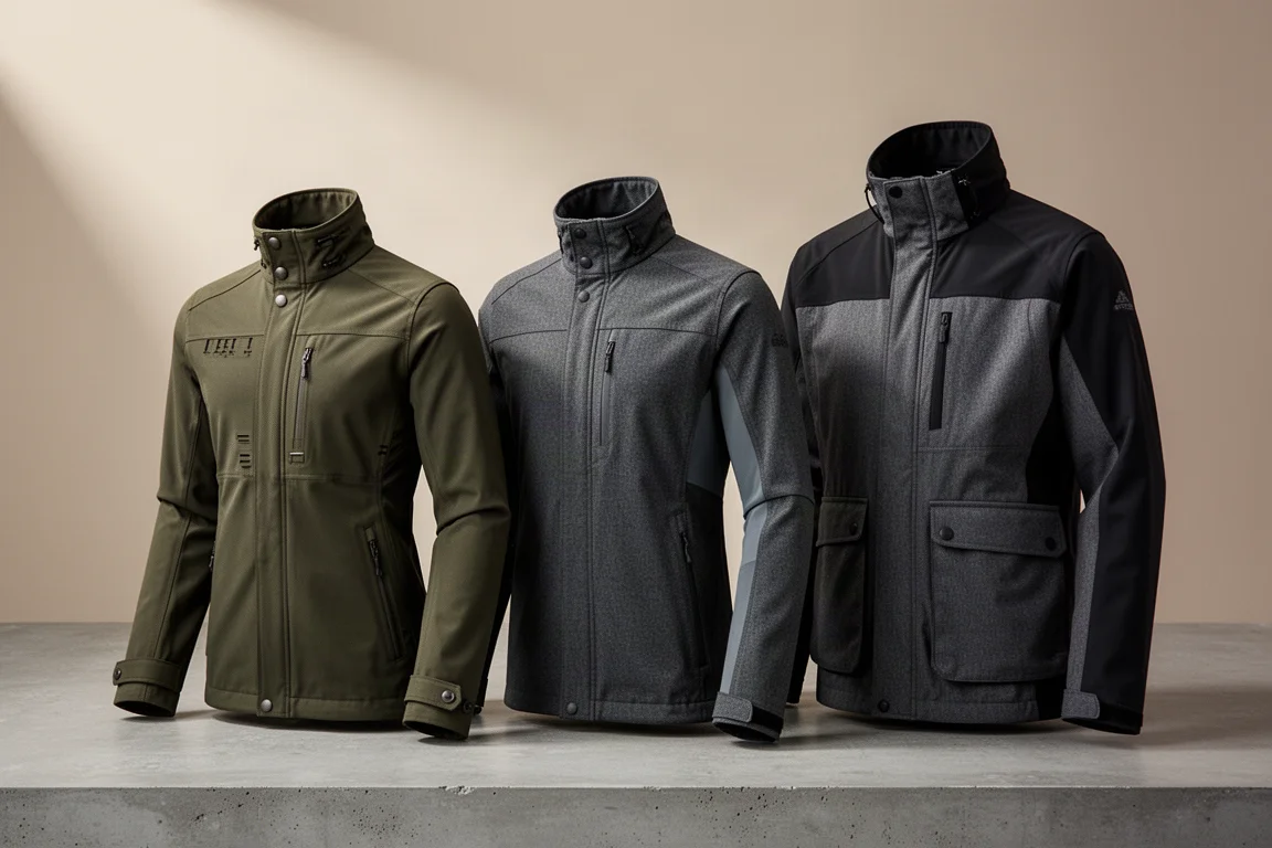 Tre giacche outdoor Fjällräven in stile G-1000 disposte su una superficie in cemento con luce morbida da studio