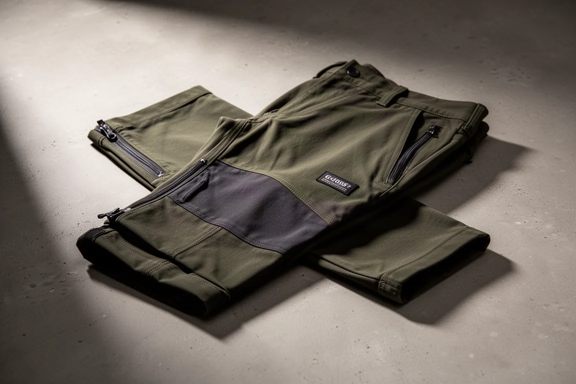 Dark olive trekking trousers with side ventilation zippers folded on a concrete surface