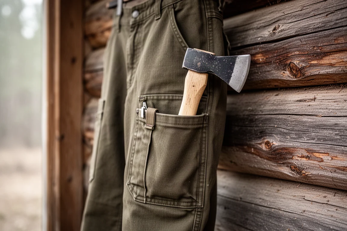 Kleine Axt, die durch die Stoff-Werkzeugschlaufe einer schweren Outdoor-Hose geschoben wird