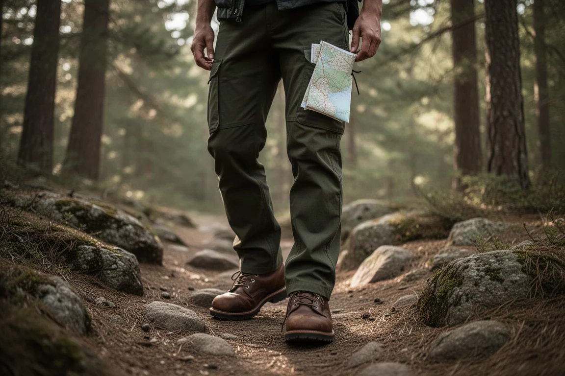 Beine eines Wanderers in dunkelolivfarbener Outdoor-Hose auf einem steinigen Waldweg