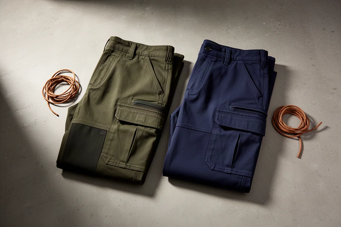 Dark olive and navy rugged outdoor trousers arranged side by side on a concrete surface