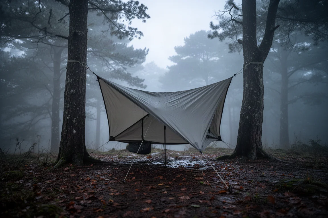 Refugio de emergencia bajo instalado entre árboles en una cresta boscosa con niebla al atardecer