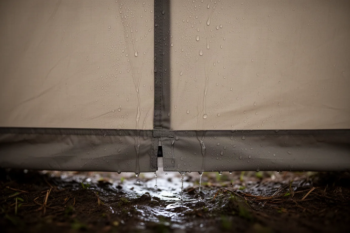 Gotas de condensación resbalando por la pared interior de un refugio no transpirable