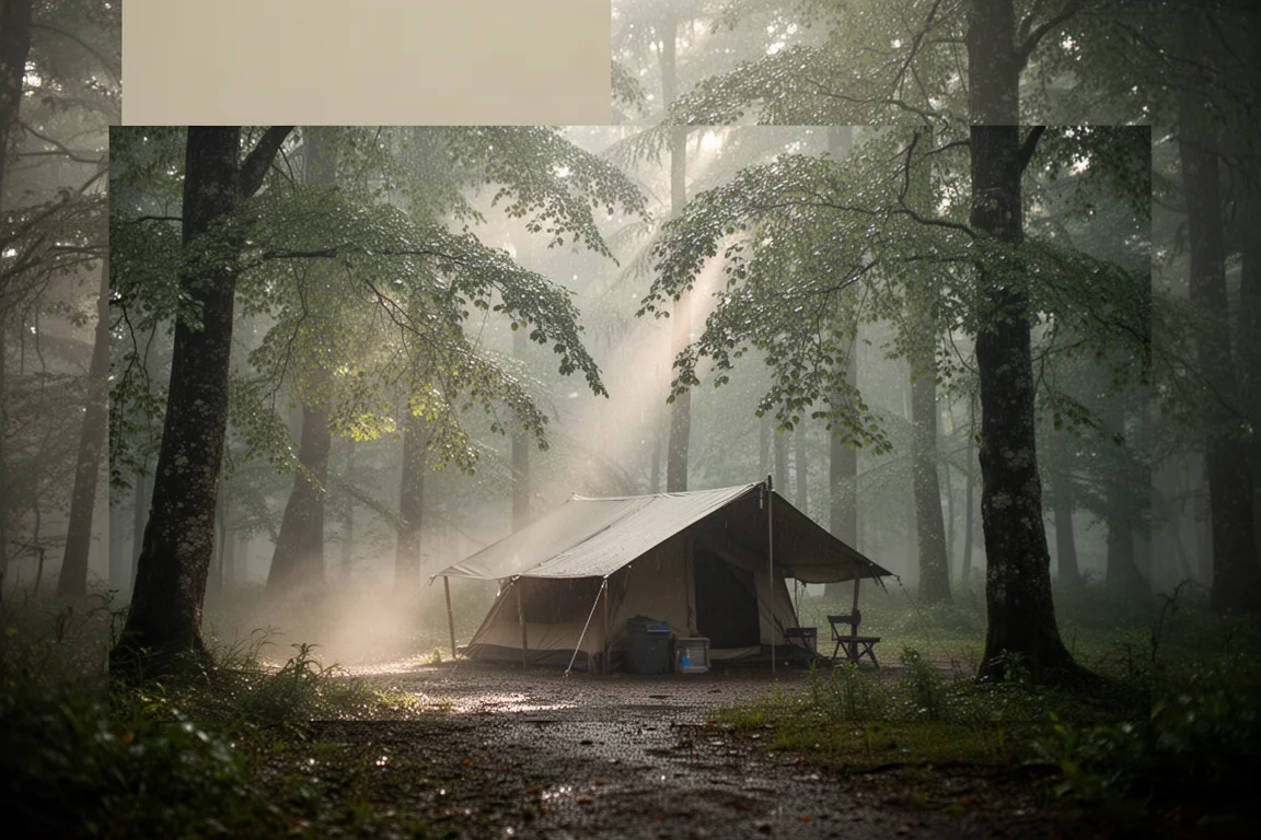 Campamento forestal húmedo al amanecer con un pequeño refugio bajo árboles mojados