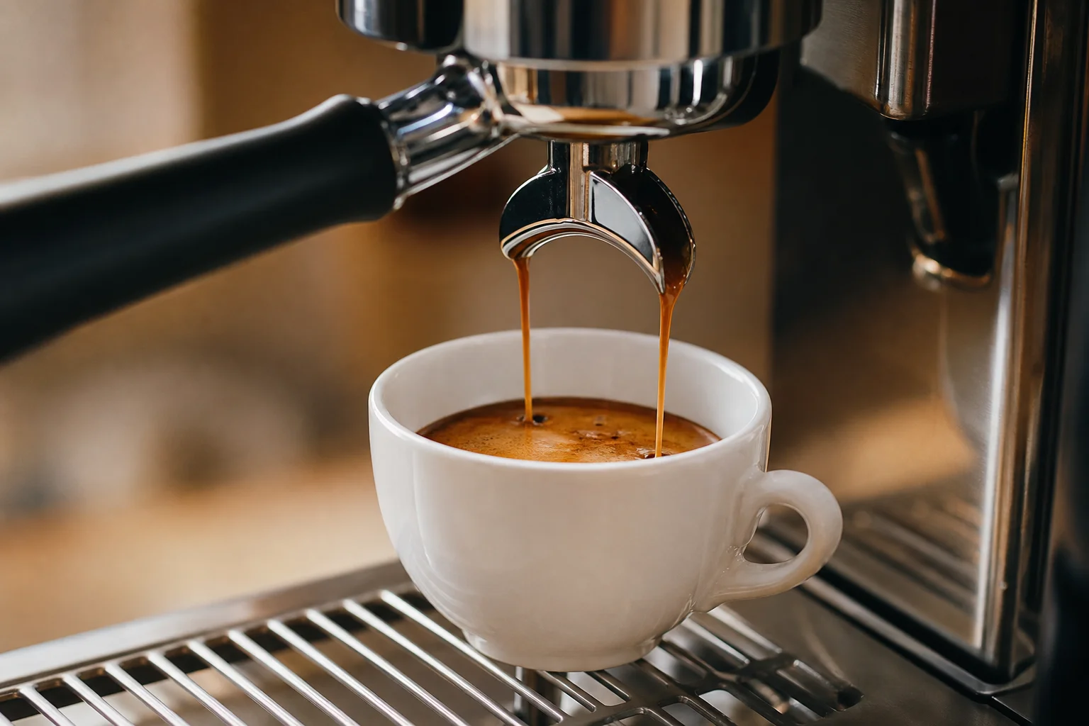 Espresso shot pulling from a lever machine into a white ceramic cup with visible crema