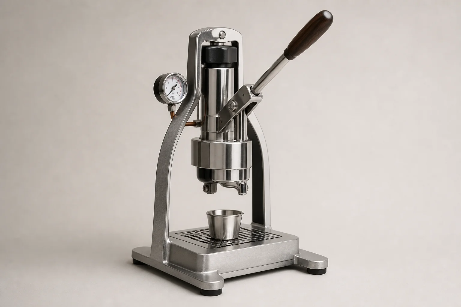 Four portable espresso makers arranged on concrete surface