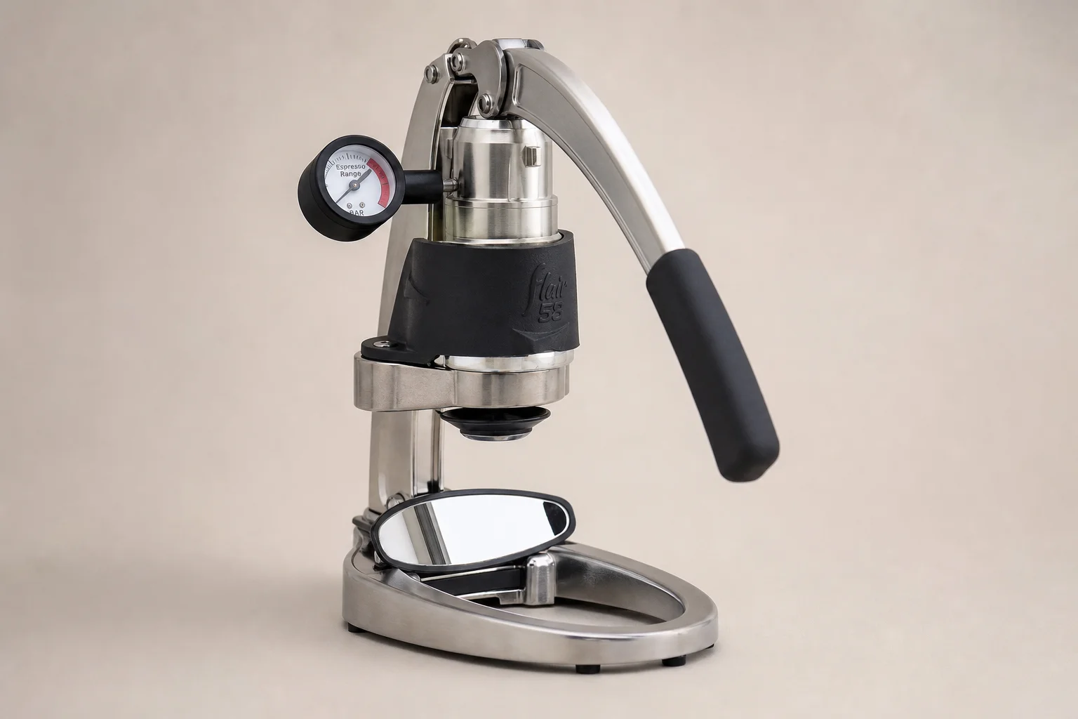 Six non-toxic coffee makers arranged on concrete: percolator, Chemex, La Pavoni, Flair Pro 3, Bunn VP17, and Ratio 8