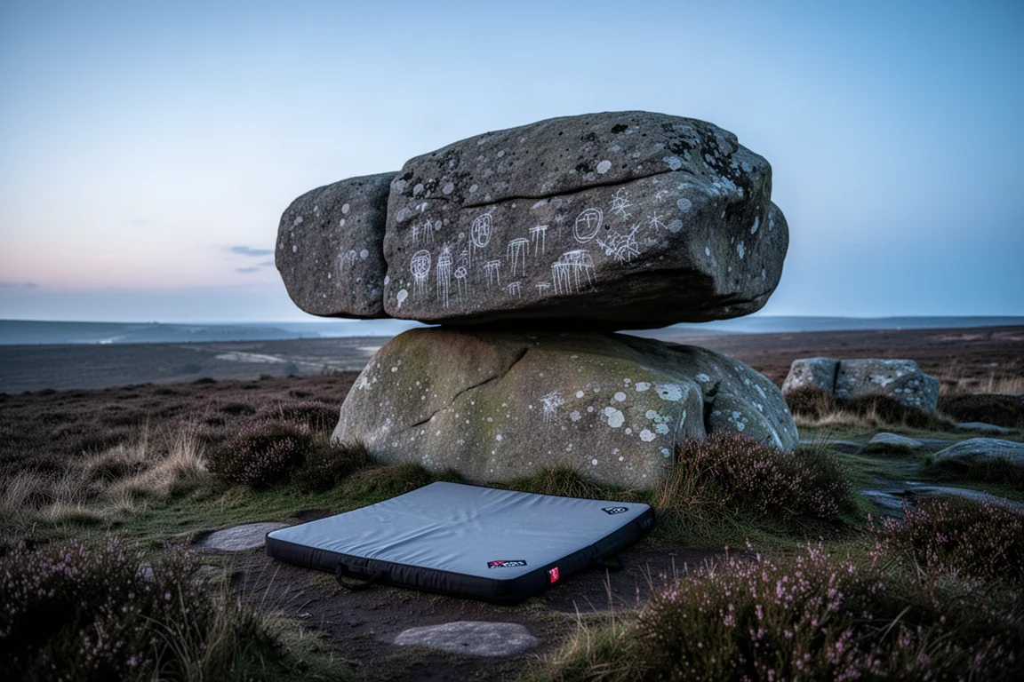 Boulderpadda på marken nedanför ett gritstone-block i skymningen