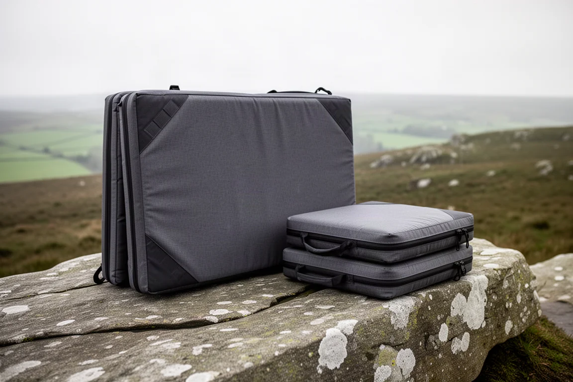 Two folding bouldering pads stacked on a gritstone slab on a moorland edge