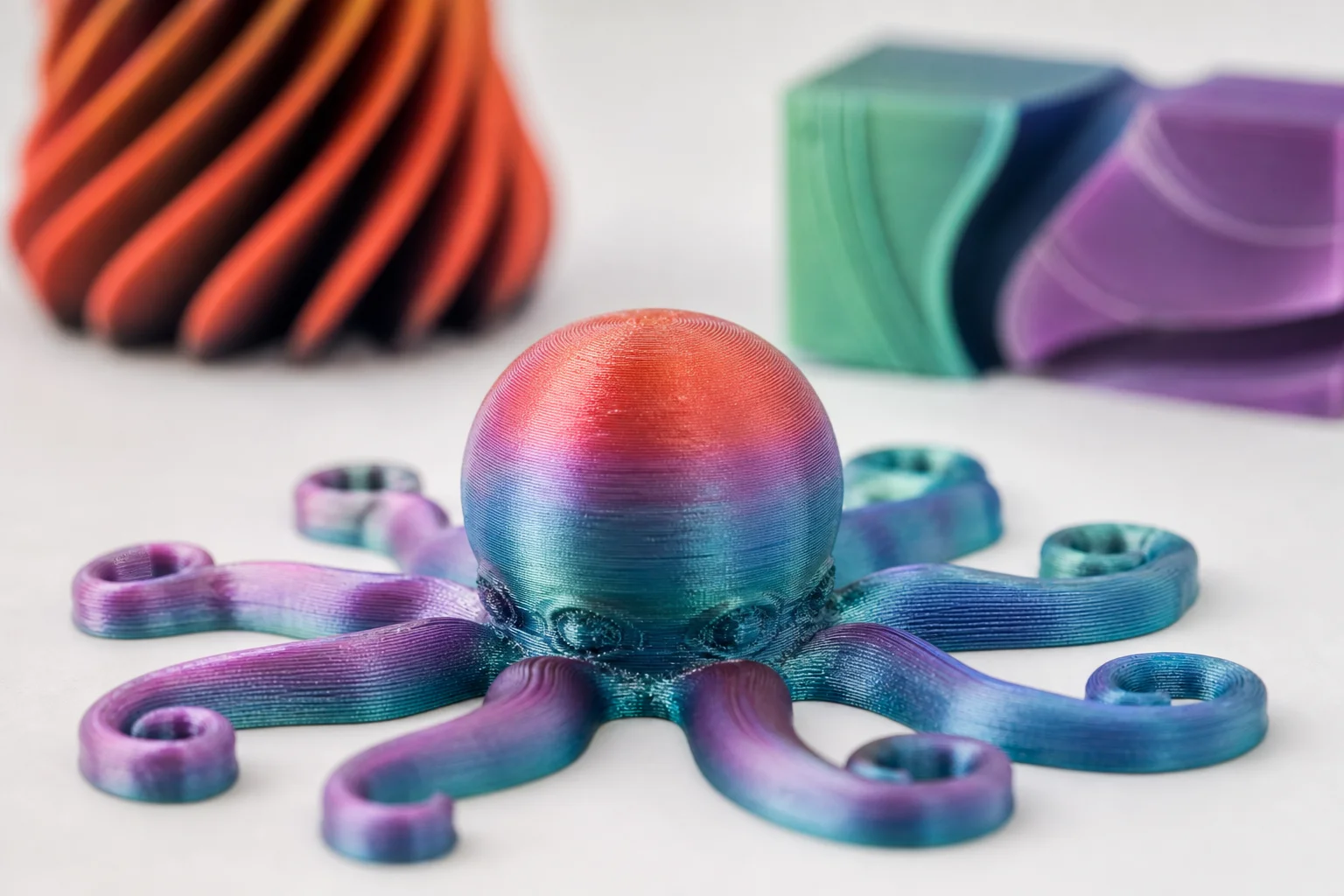Close-up of multicolor 3D printed models showing layer detail and color transitions