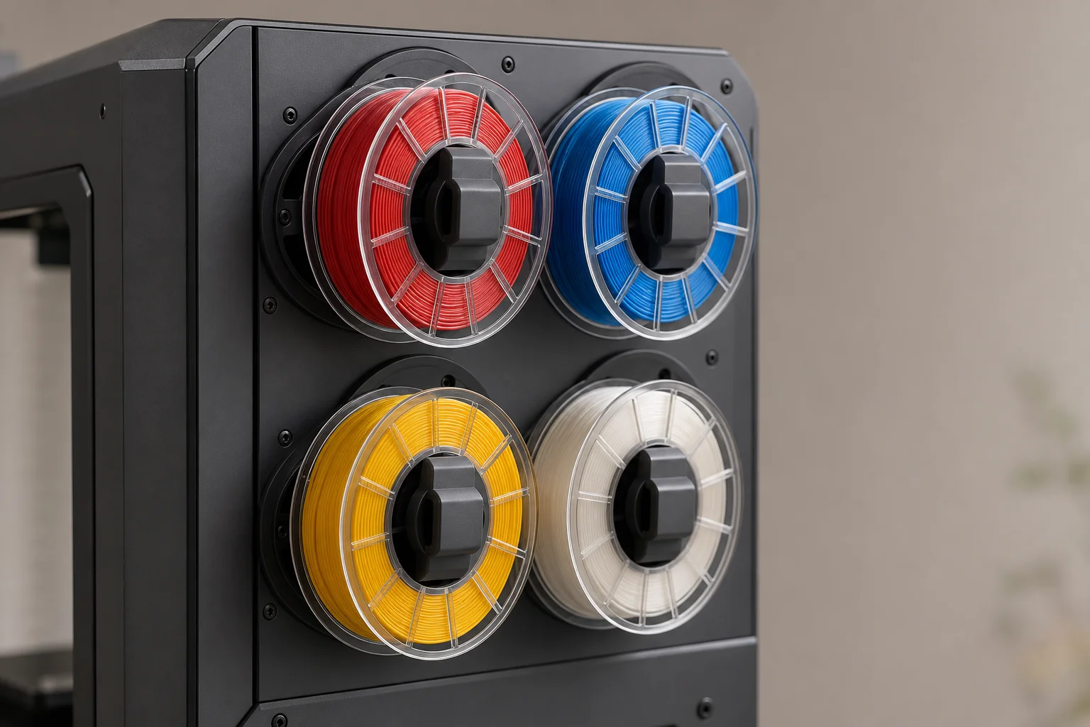Filament spool retention system with multiple colored spools mounted on printer side