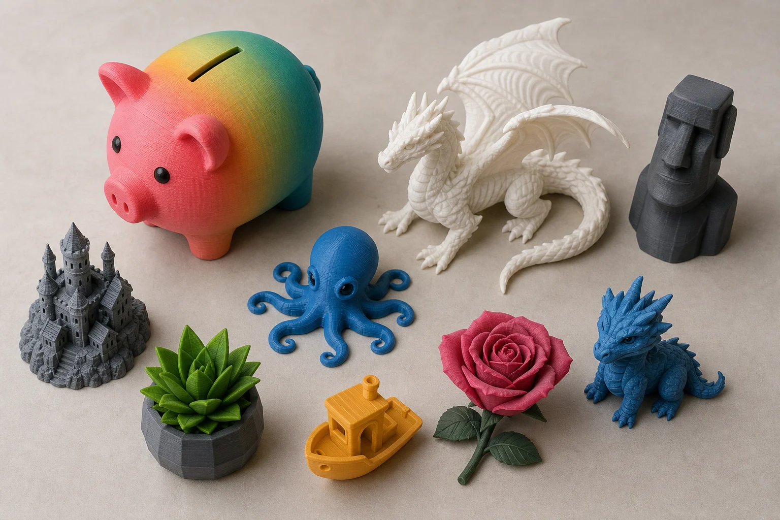 Finished multicolor 3D printed objects arranged on a display surface