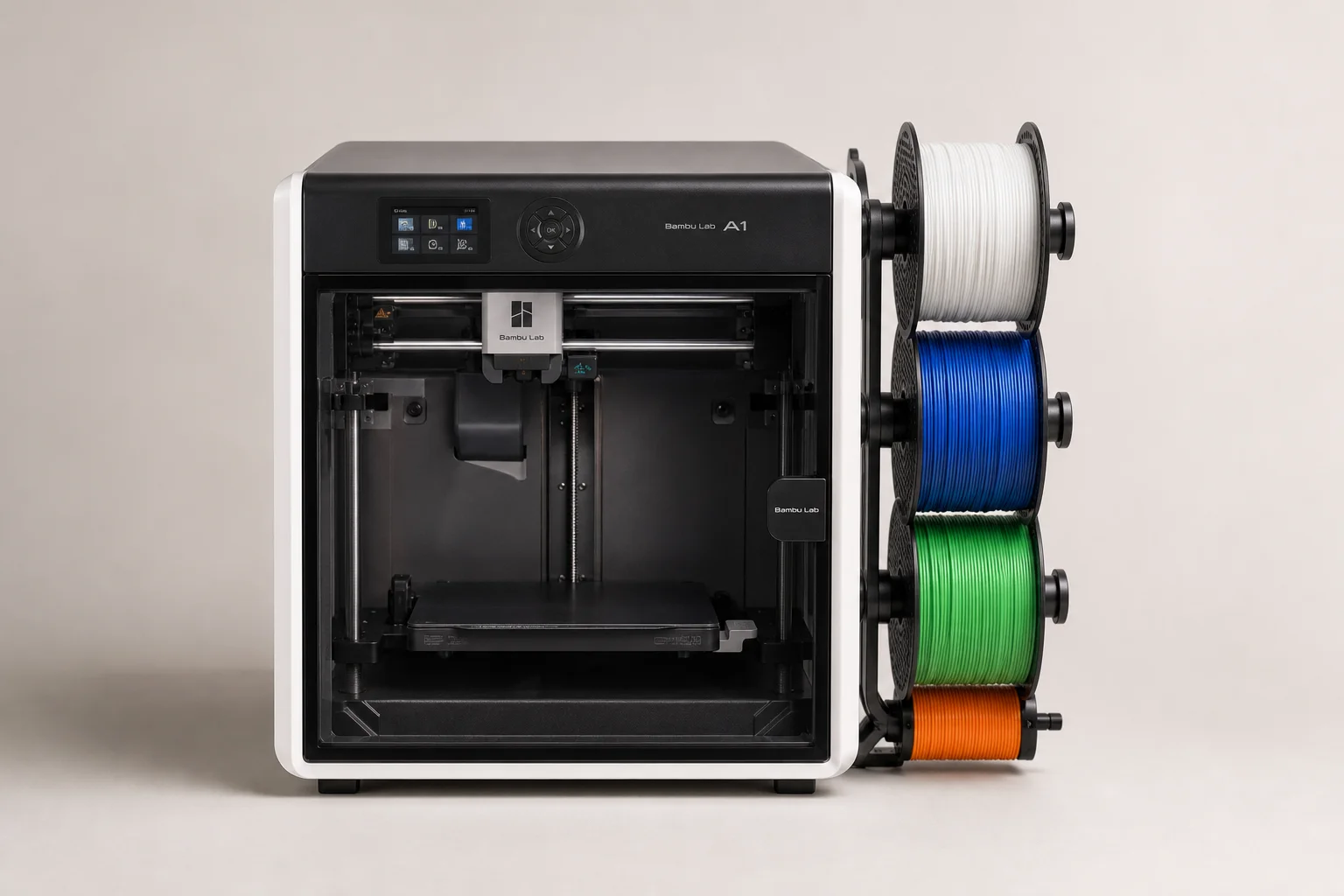 FlashForge AD5X multicolor 3D printer with four filament spools mounted on side