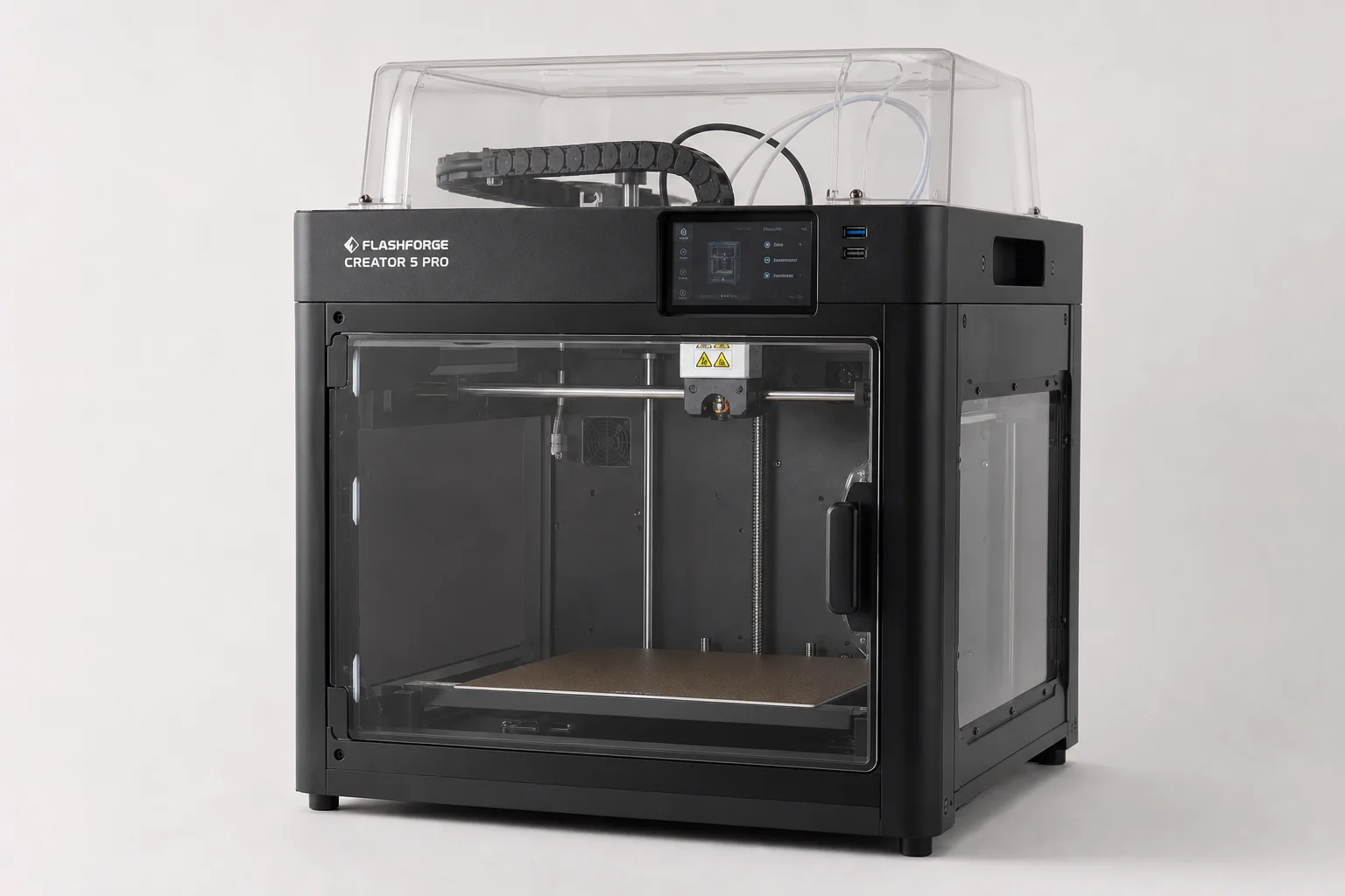 Flashforge Creator 5 multi-material 3D printer with four toolheads on neutral background