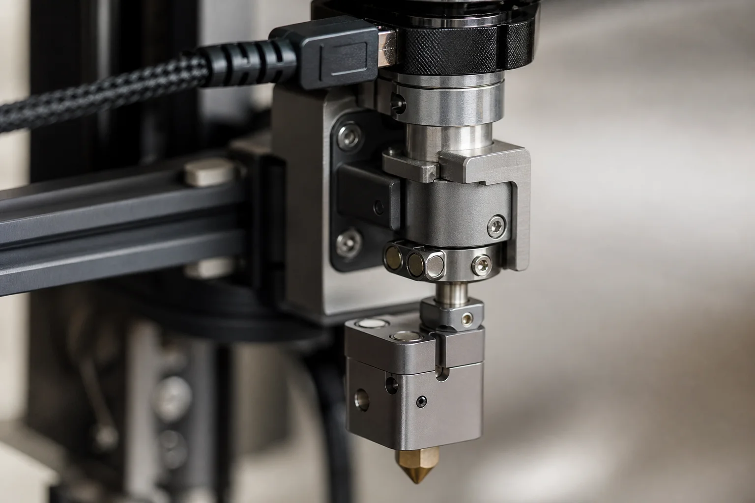 Close-up of precision toolhead coupling mechanism with magnetic connection