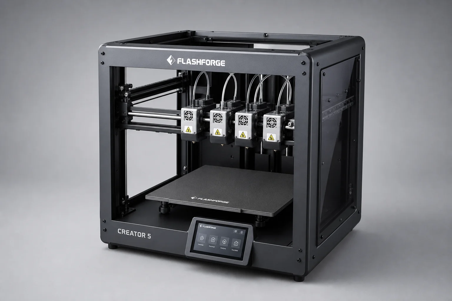 Flashforge Creator 5 multi-material 3D printer with four toolheads on neutral background
