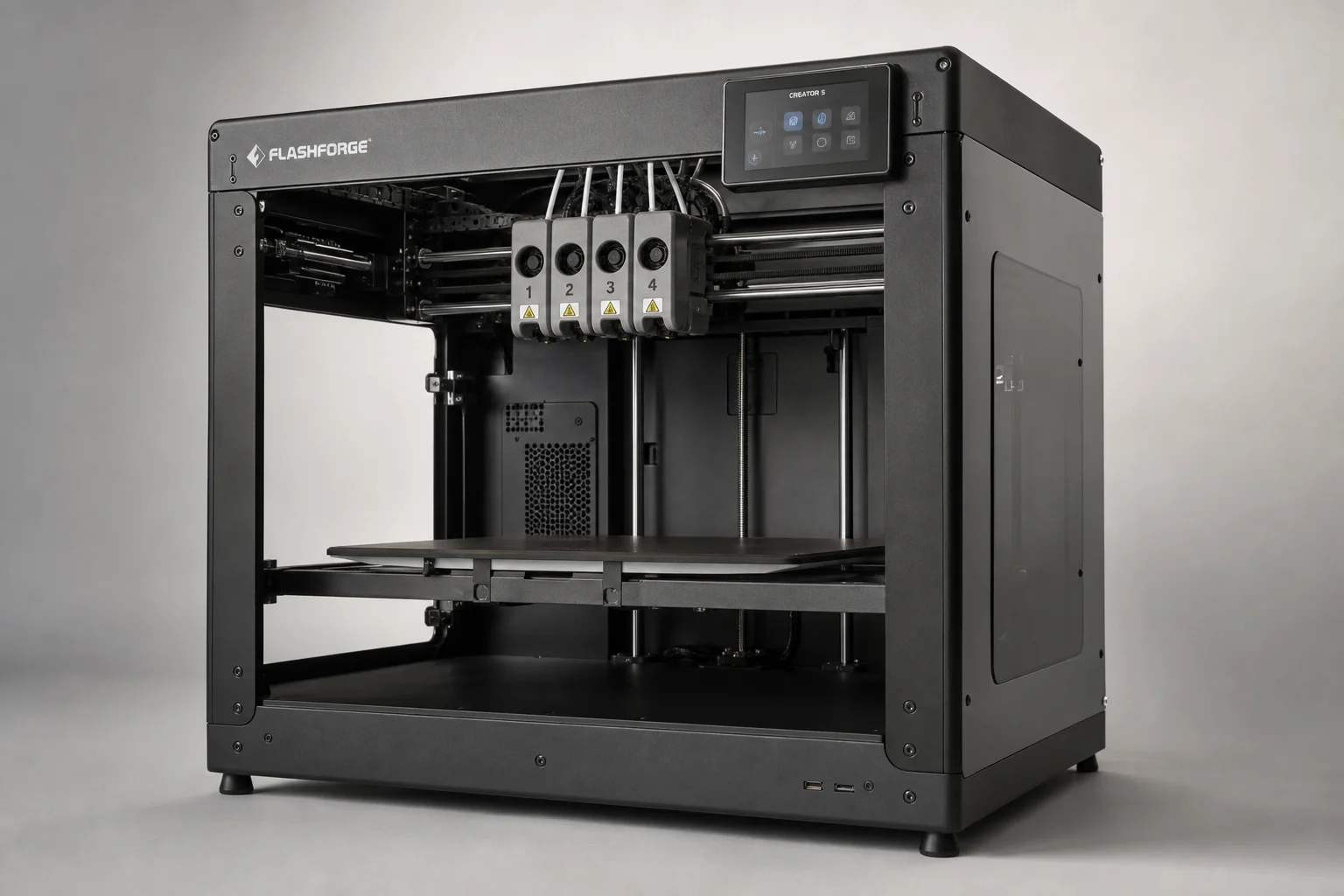 Flashforge Creator 5 multi-material 3D printer with four toolheads on neutral background