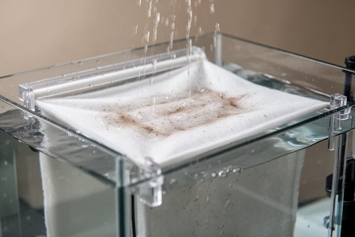 Vitt fleecamaterial utspänt över en sumpfilterkammare med vatten som flödar över det