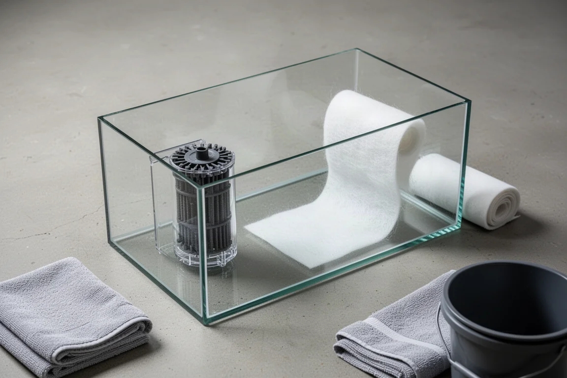 Glassump med fleecerulle installerad på ett betonggolv under uppstart