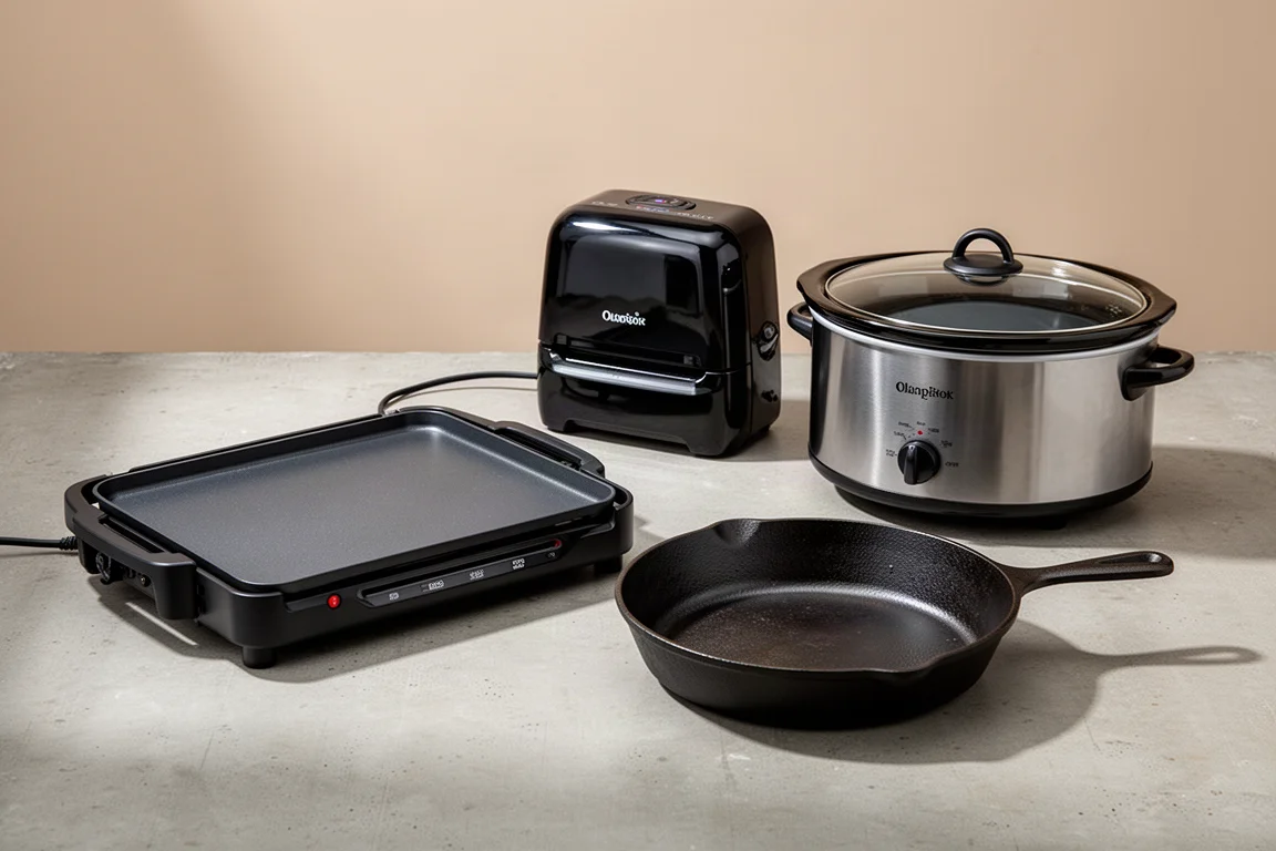 Electric griddle, vacuum sealer, slow cooker, and cast iron skillet arranged on a concrete surface