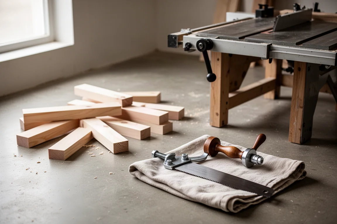 Workshop bench with wood offcuts and a miter saw blade changing setup