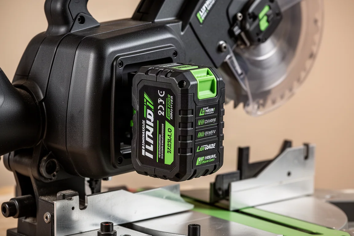 Battery pack being attached to the rear of a miter saw body
