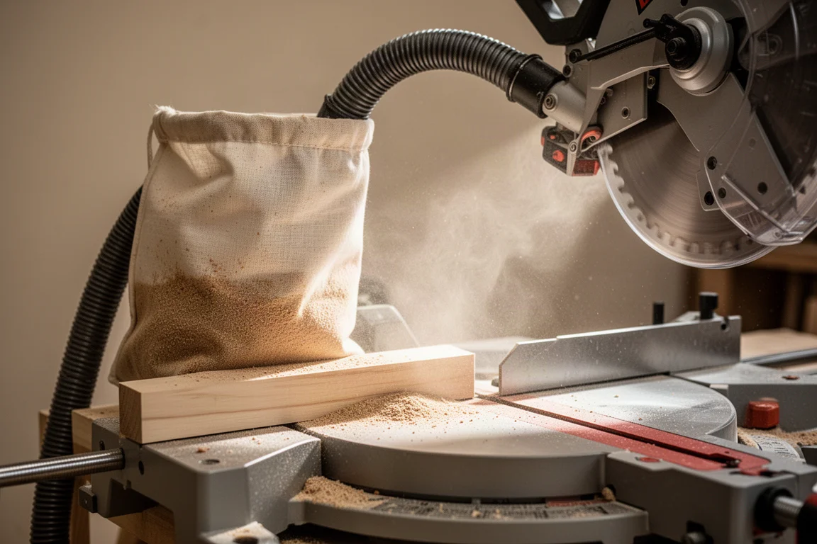 Dust collection bag and vacuum hose connected to a miter saw during a cut