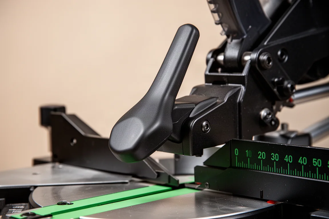Bevel adjustment lever on a miter saw being operated by hand