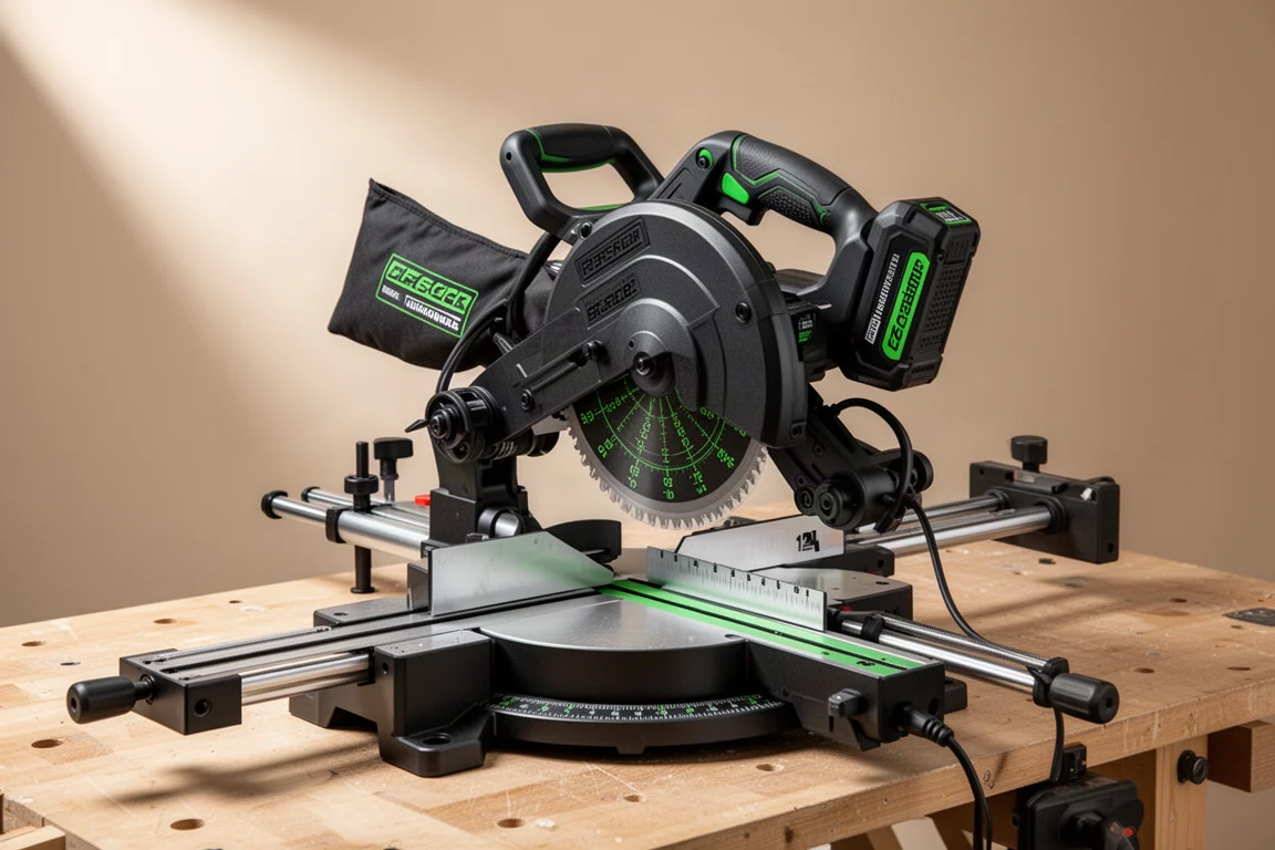 Flex 12-inch cordless miter saw with battery pack on a workshop table