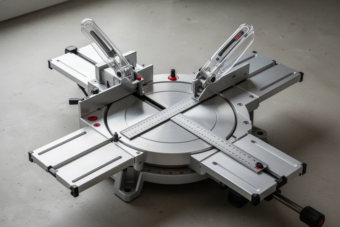 Table de scie à onglet avec les deux extensions déployées montrant une surface usinée plane