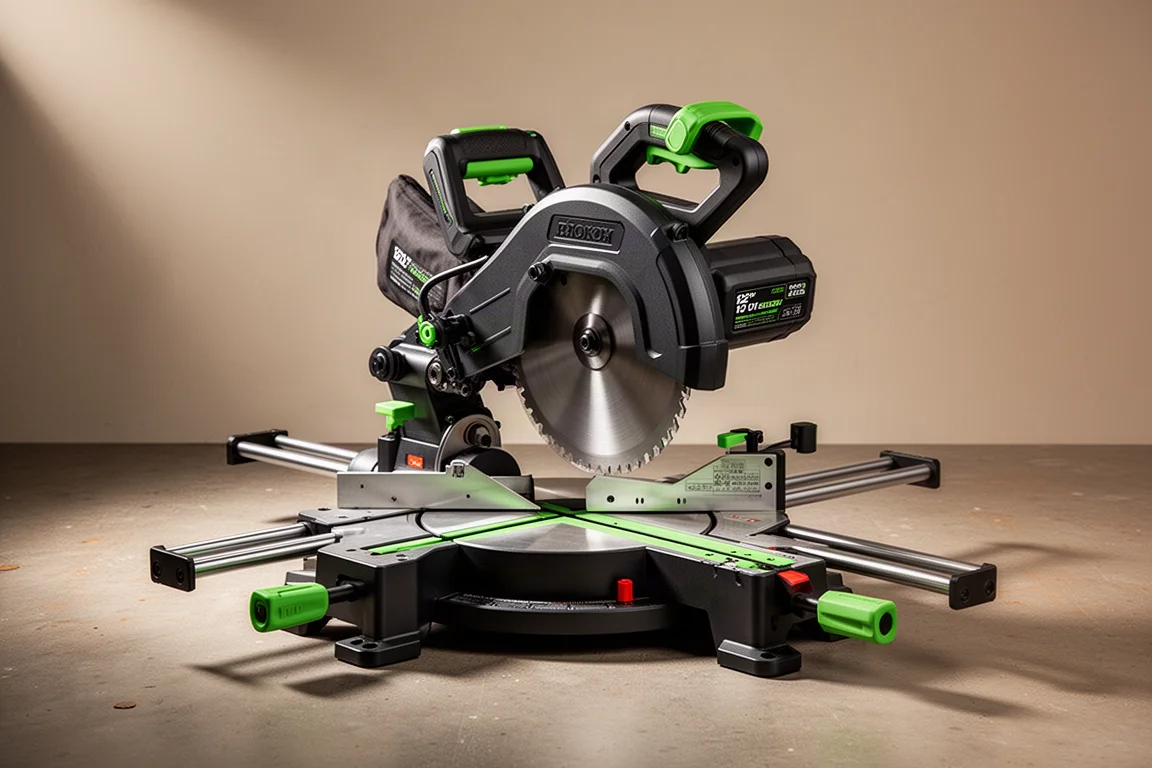 Flex 12-inch double bevel sliding miter saw on a concrete workshop floor