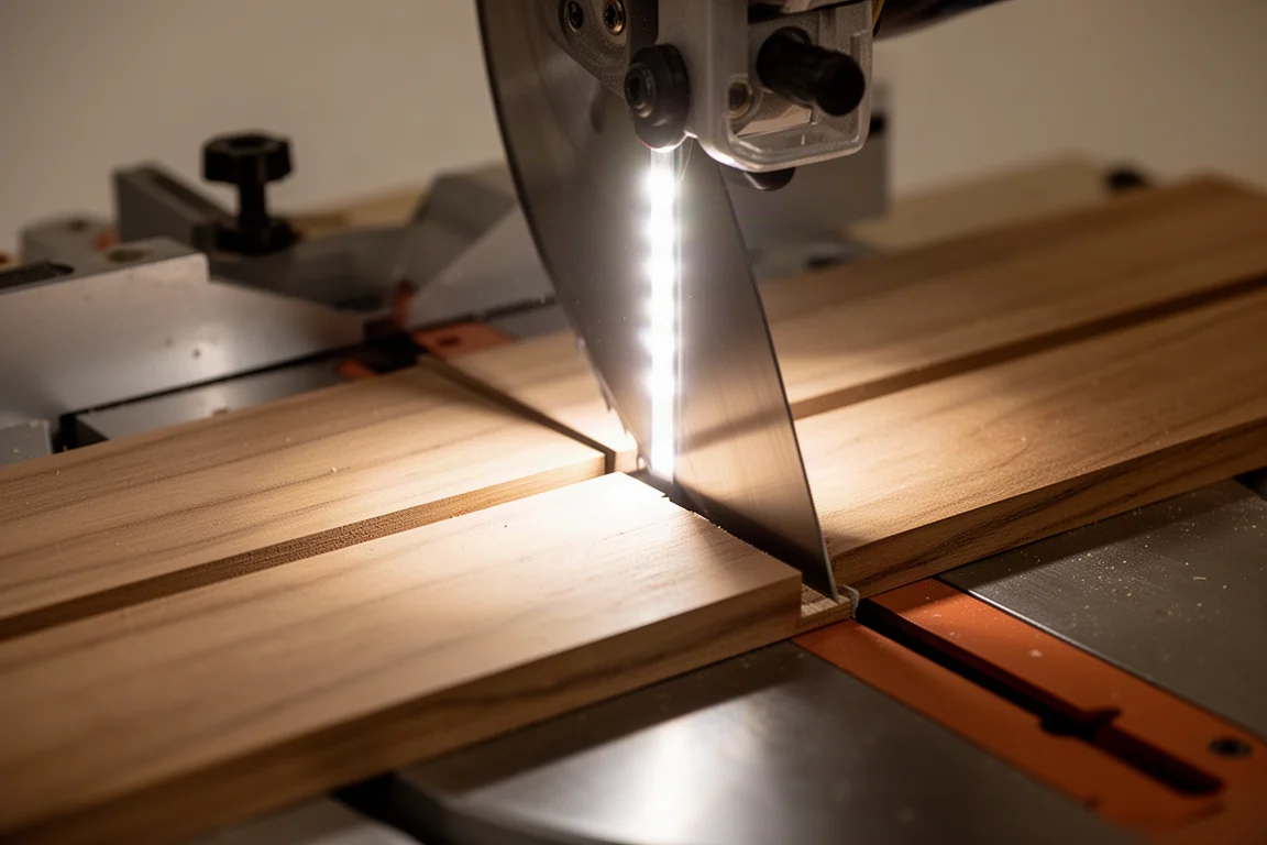 LED-Schattenlinie, die über ein Werkstück an der Schnittlinie geworfen wird