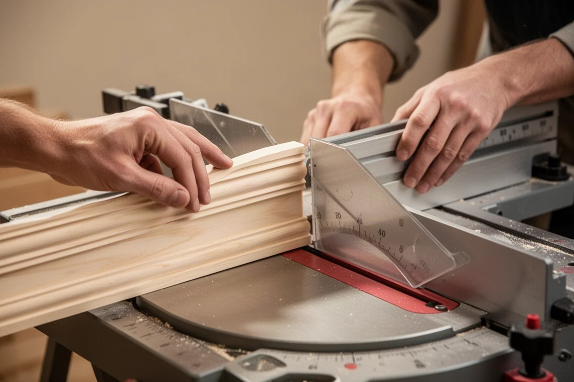 Holzwerker schneidet einen Winkel an einer Verkleidungsleiste an der Werkstattbank