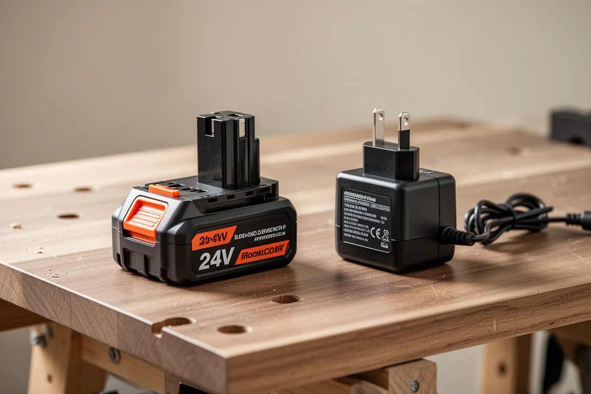 24V-Akku und AC/DC-Netzadapter auf einer Werkstattbank