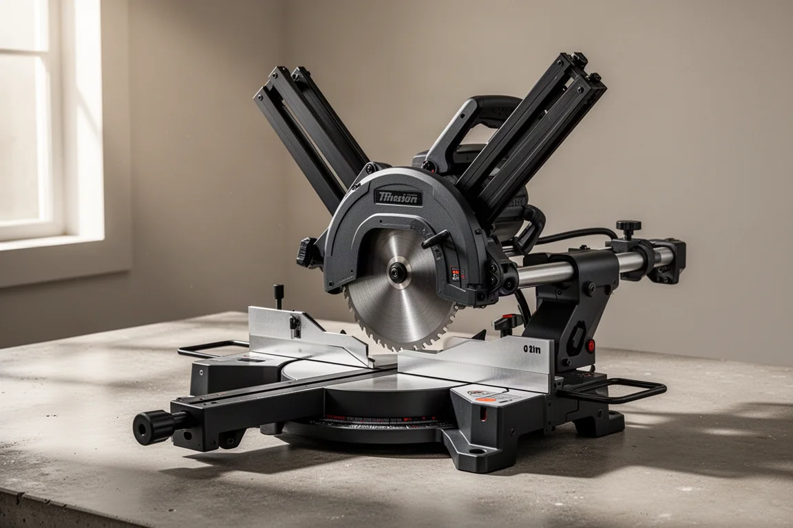 Flex 12-inch dual bevel sliding compound miter saw on a concrete workshop surface