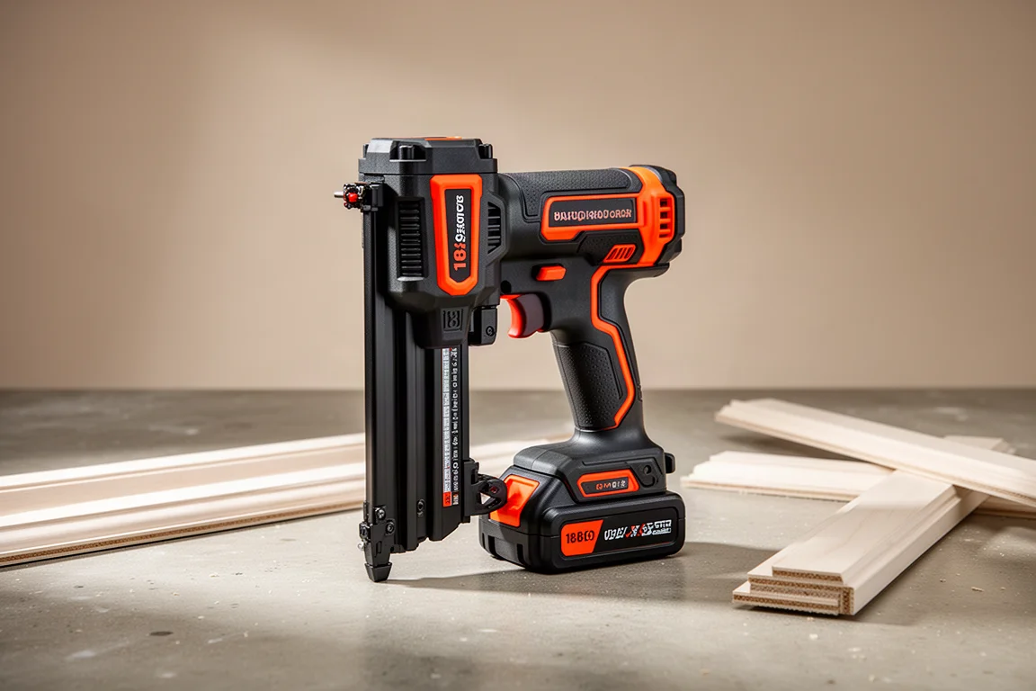Compact cordless brad nailer on a concrete workshop surface with trim molding