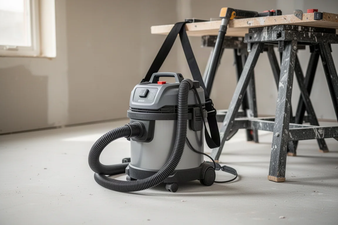 Compact cordless wet/dry vac with shoulder strap on a jobsite floor